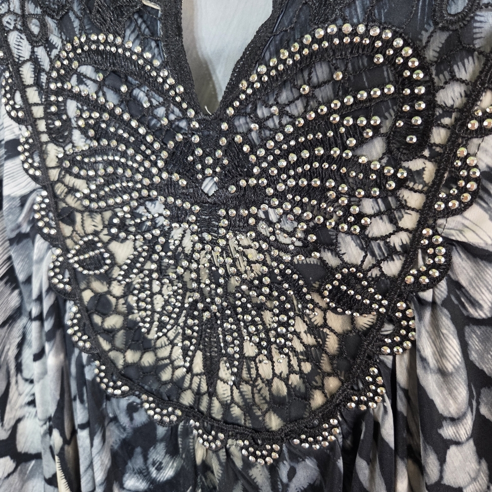 Women's One World Boho Black White Feather Owl Beaded Lace Short Dress Size XL - Picture 9 of 13